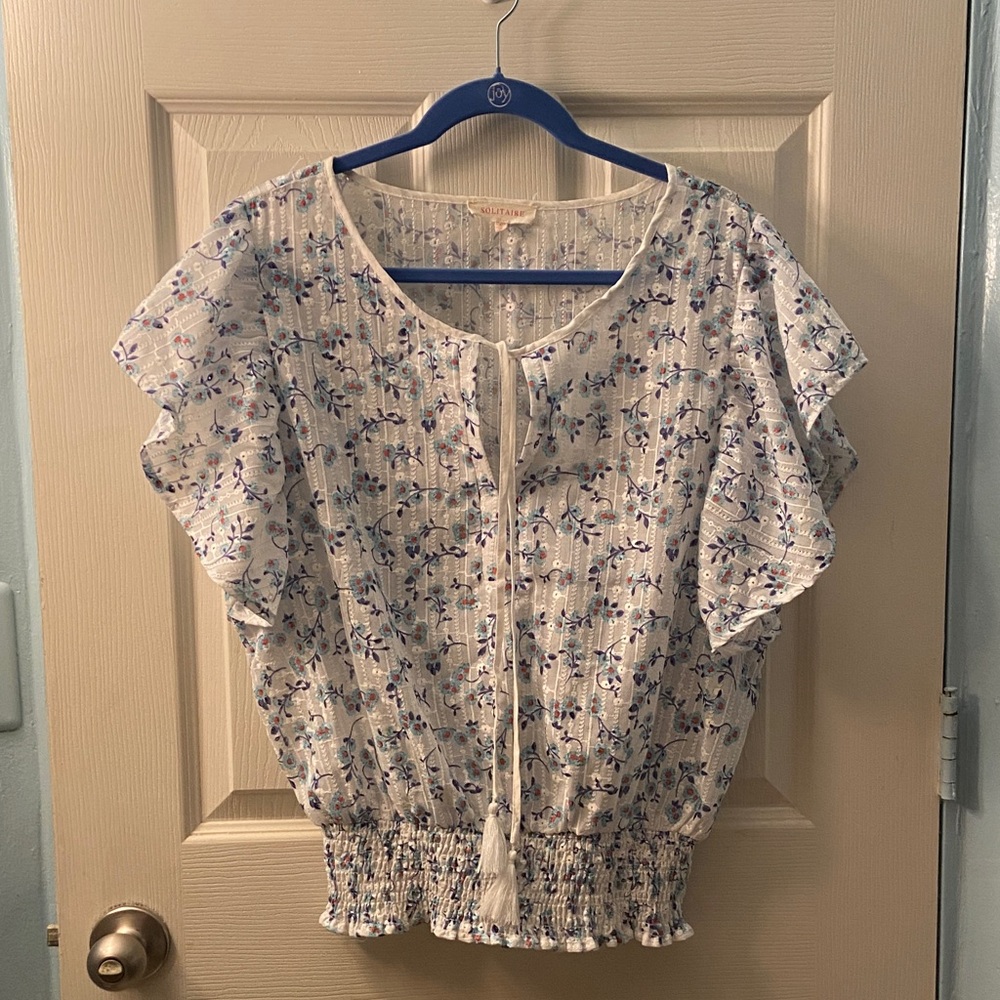 Solitaire Eyelet  White and Blue Floral Blouse